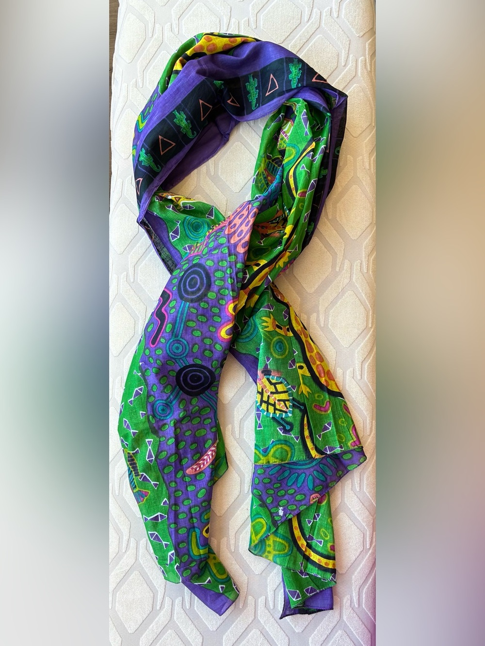 Large Colorful Scarf Wrap Green Purple Abstract Animal Print 72” Boho
